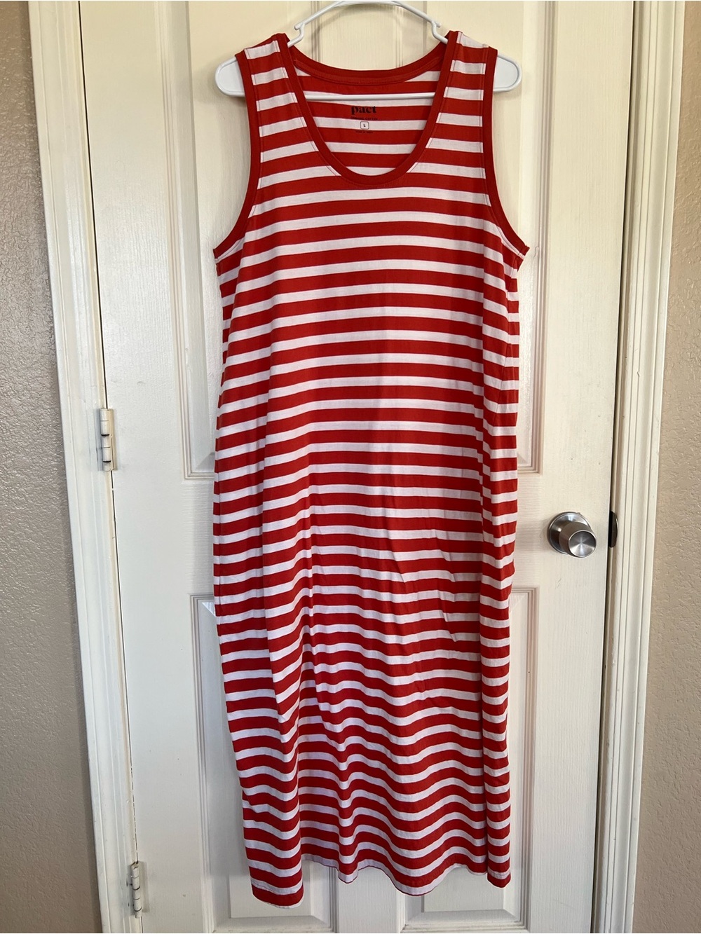 Pact Organic Cotton Coral White Striped Sleeveless Maxi Dress L